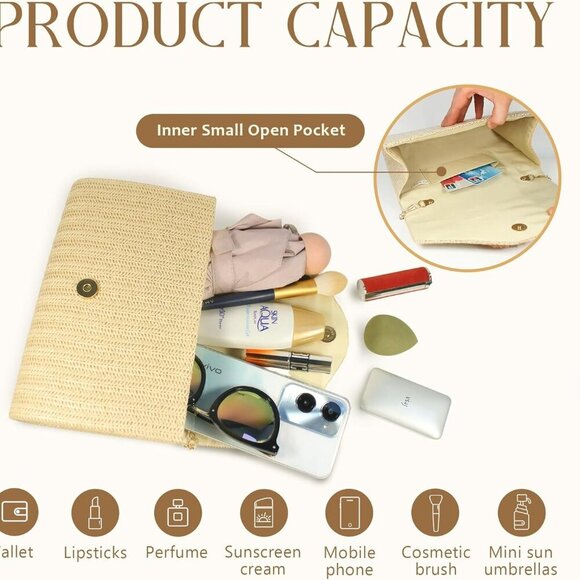 Straw Clutch Purse for Women,Summer Beach Bag,Envelope Evening Clutch Handbags f - Picture 6 of 6